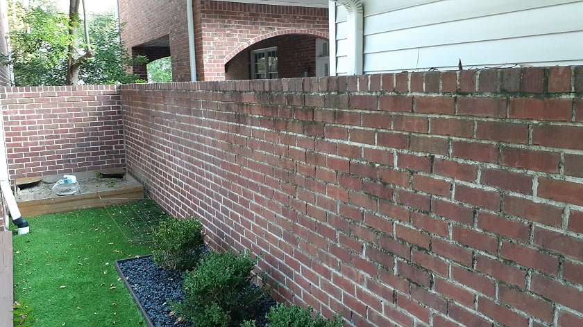 Brick wall covered in algae before soft washing by LKJ Preferred Services, Houston TX