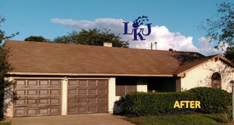 Roof brightened back to original color after soft washing by LKJ Preferred Services, Houston TX