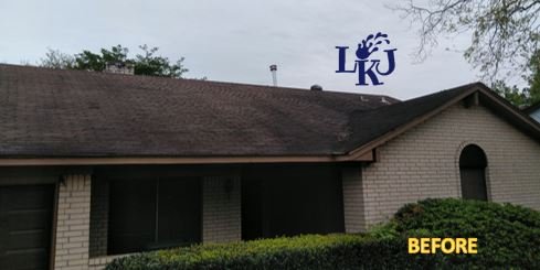 30+ year old roof with black stains before soft washing by LKJ Preferred Services, Houston TX