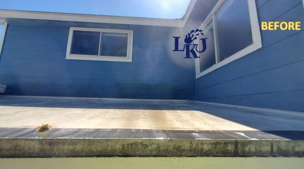 Roof and walls covered in algae and dirt before soft washing by LKJ Preferred Services, Houston TX