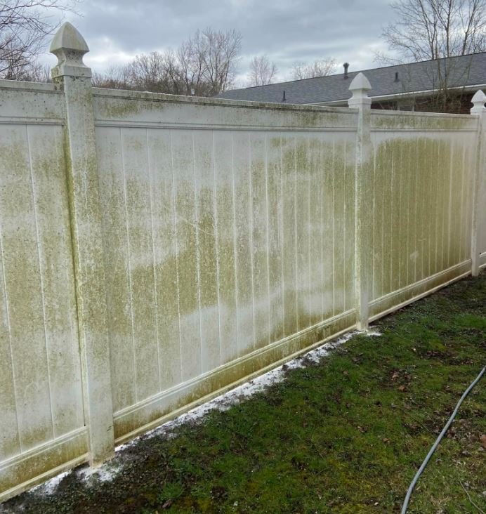 White vinyl siding before soft washing by LKJ Preferred Services, Houston TX