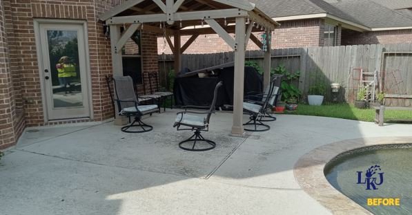 Pool dining area before surface cleaning by LKJ Preferred Services, Houston TX